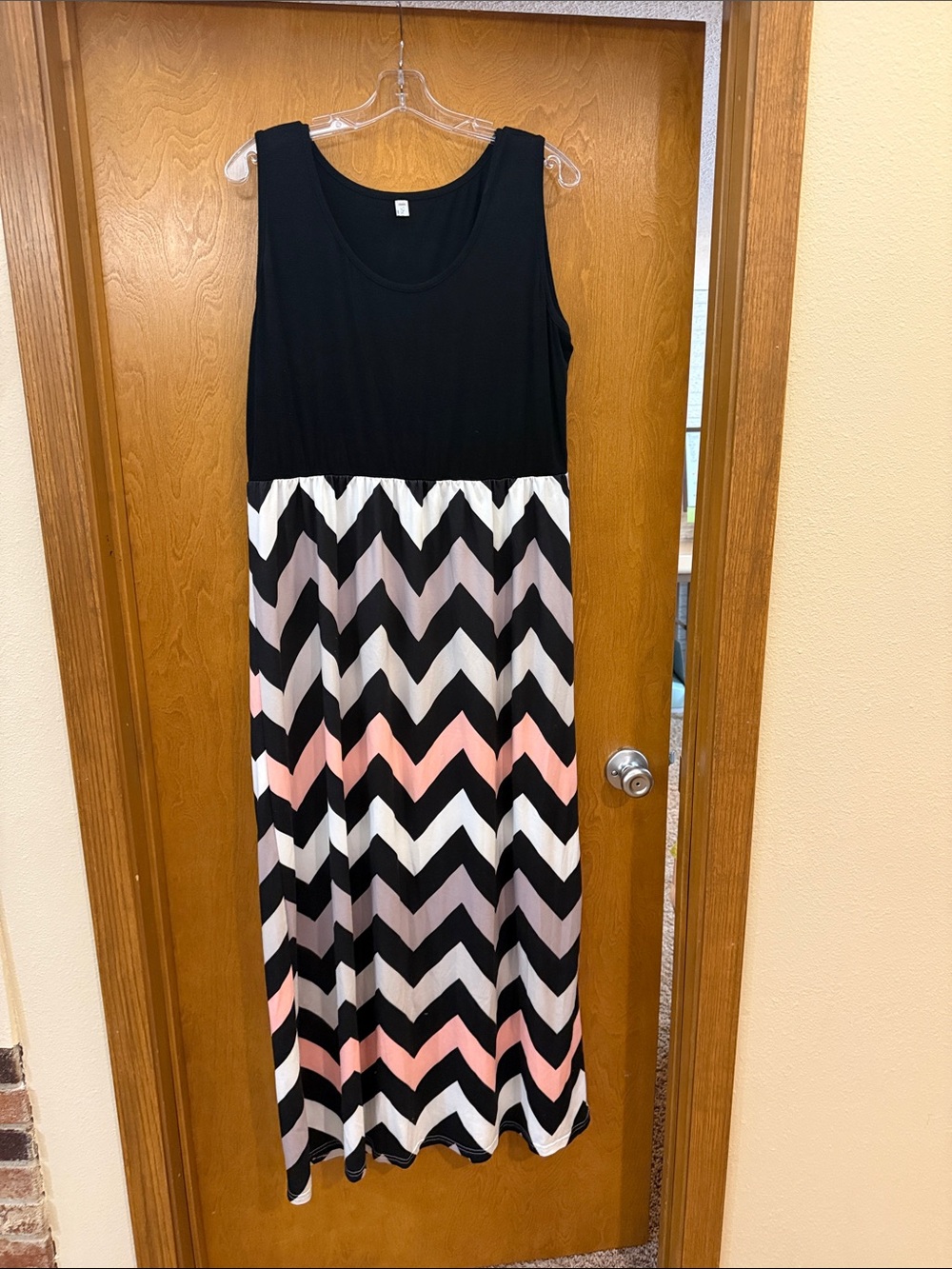 Sleeveless Black Maxi Dress with Chevron Skirt in Black, White, Gray and Pink